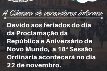 DEVIDO AOS FERIADOS, CÂMARA MUNICIPAL DE NOVO MUNDO TEM SESSÃO ADIADA